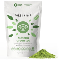 Purechimp Matcha ceremonial 100 g. Pulbere de ceai 100% pură din culturi umbrite pentru latte, infuzii și rețete. Pungă compostabilă. Bogată în antioxidanți.