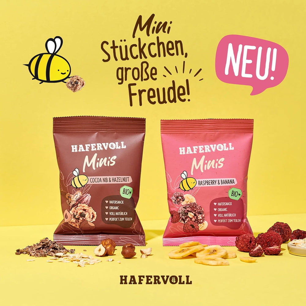 HAFERVOLL Minis Raps og Banan 8x 65g - Certificeret økologisk, med honning, uden tilsat sukker, perfekt til deling