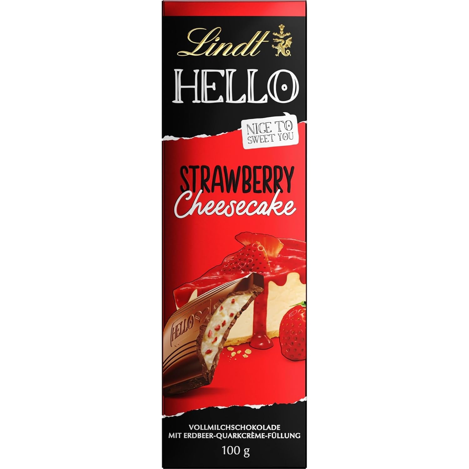 Lindt HEJ Jordbærchokoladecheesecake | Bar 100g | Mælkechokolade med jordbærkvarkcremefyld | Chokoladebar | Chokolade gave