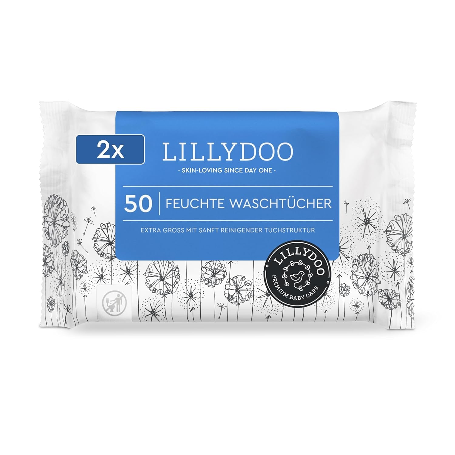 LILLYDOO vådservietter 50 count 100 % plastikfri ekstra stor klud uparfumeret
