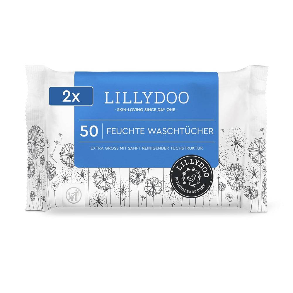 LILLYDOO vådservietter 50 count 100 % plastikfri ekstra stor klud uparfumeret