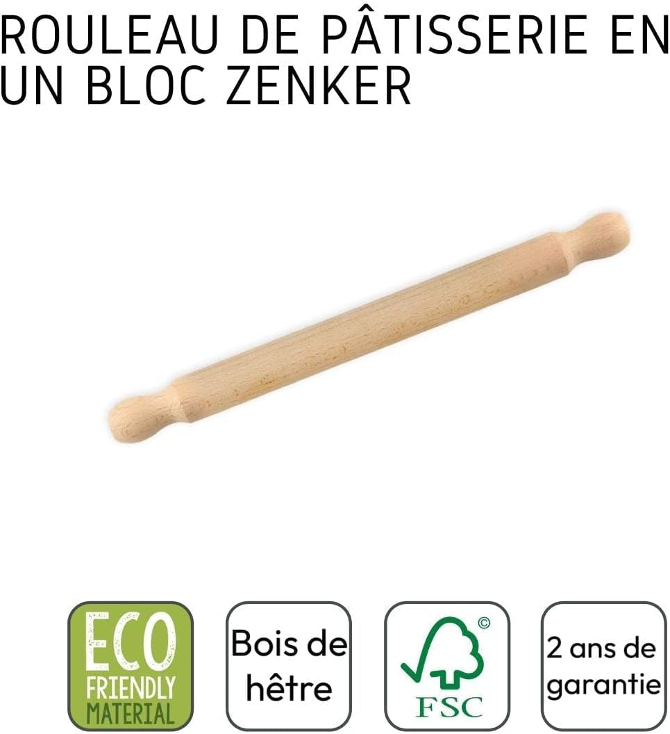 Zenker Rollholz fra Buchenholz, 350 x 30 x 30 mm – Perfekt for Teige und Fondant, FSC-certificeret, med praktisk Manschette, Braun