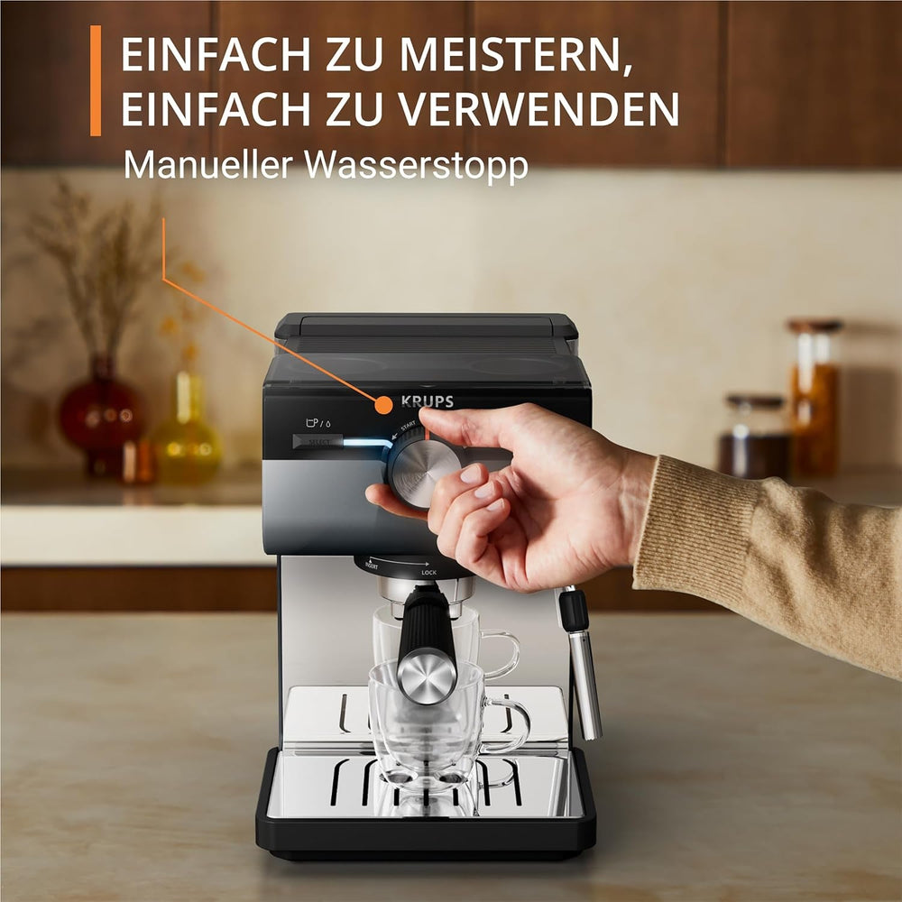 Espressor KRUPS Authentic+, 15 bari, operare intuitivă, design sofisticat, duză de abur, inclusiv accesorii extinse, Bullet Argintiu închis/Oțel inoxidabil, XP384G10