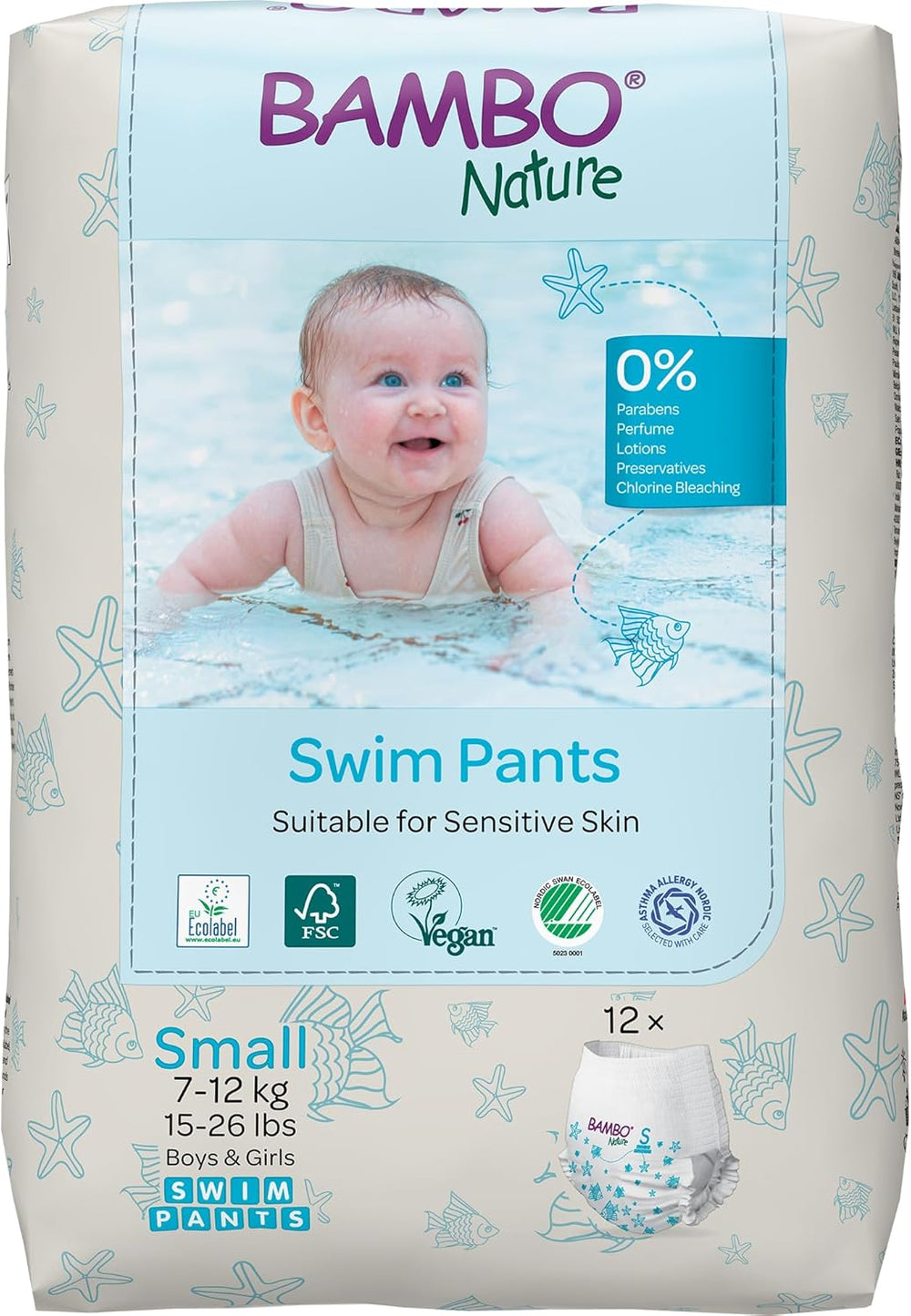 Bambo Nature Baby svømmebleer, str. S (7-12 kg), 12 bleer | Secure Fit engangs svømmebleer | Vandtæt komfort under vandleg