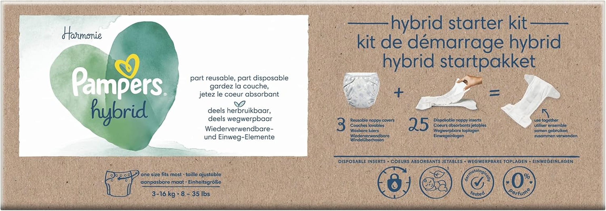 Pampers - Harmony Hybrid startpakke, 3 vaskbare bleer + 25 engangs øverste lag - 1 pakke