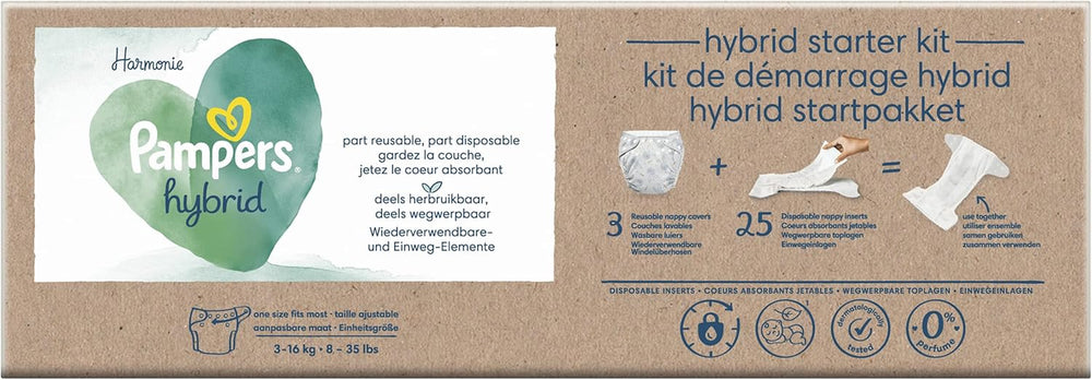 Pampers - Harmony Hybrid startpakke, 3 vaskbare bleer + 25 engangs øverste lag - 1 pakke