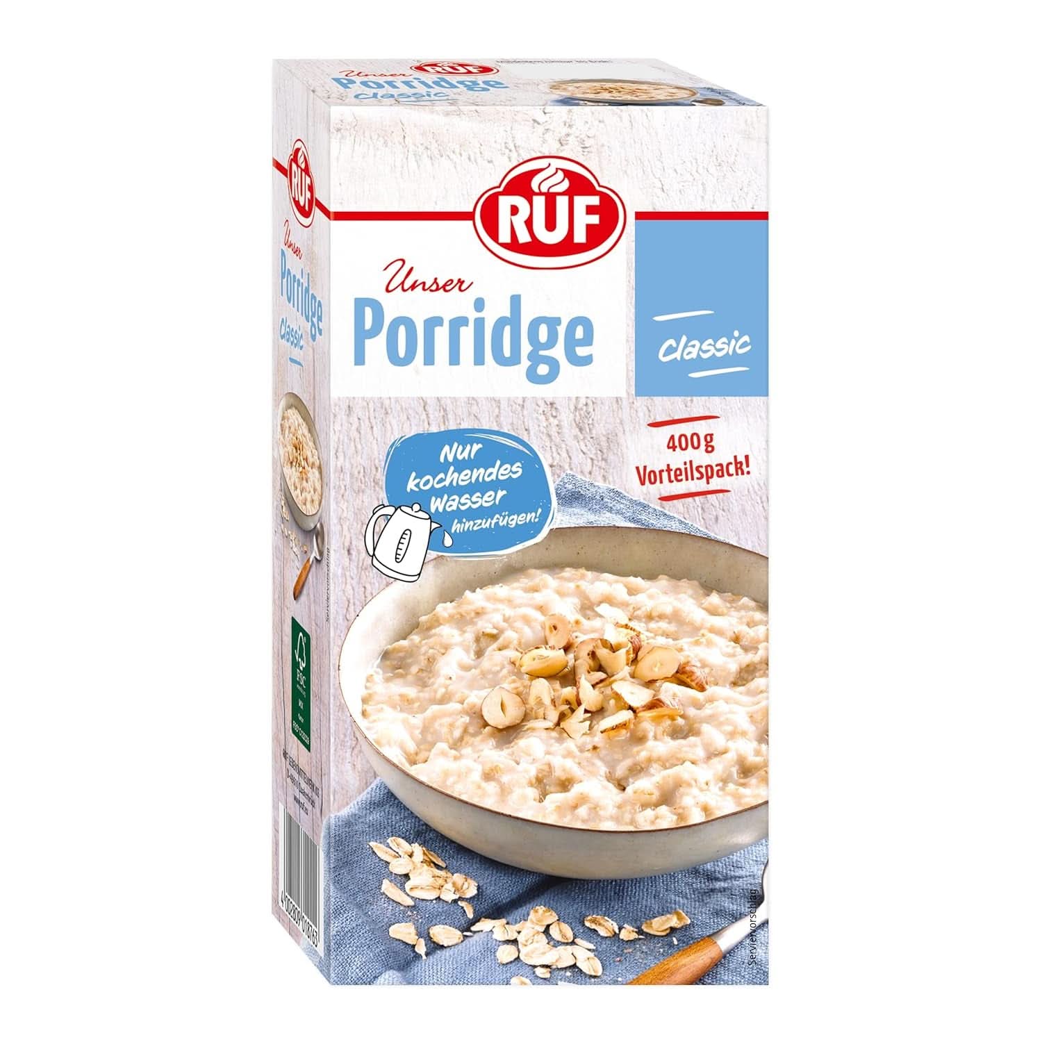 RUF Porridge Apple Cinnamon, cu fulgi de ovăz integral, aromă fină de scorțișoară și bucăți de mere uscate, 400 grame Cereale Naty Shop 400 grame Clasic