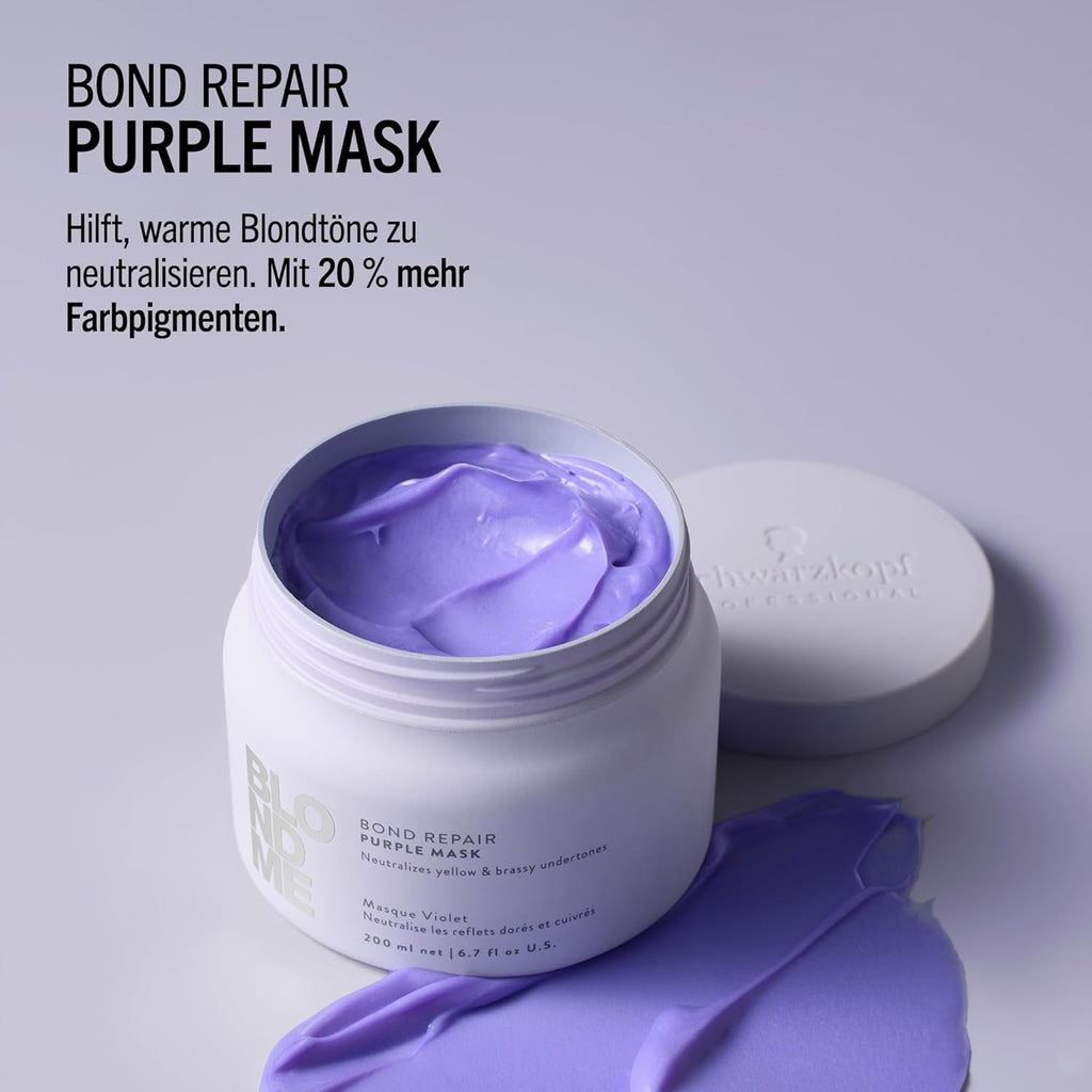 Schwarzkopf Professional BLONDME Bond Repair Purple Mask Mască pentru păr rece Neutralizează tonurile galbene pentru părul vopsit, albit și deschis Condiționare profundă și întărire 200 ml Masca de par Naty Shop