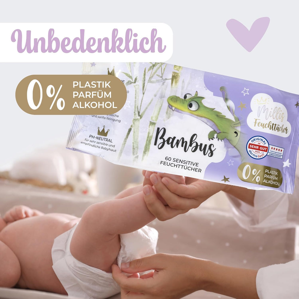 Millis Bamboo Baby Sensitive vådservietter til sart babyhud - 5 x 60 stykker - Naturlig, skånsom og bæredygtig rengøring - Biologisk nedbrydelige babyservietter, plastikfri og alkoholfri