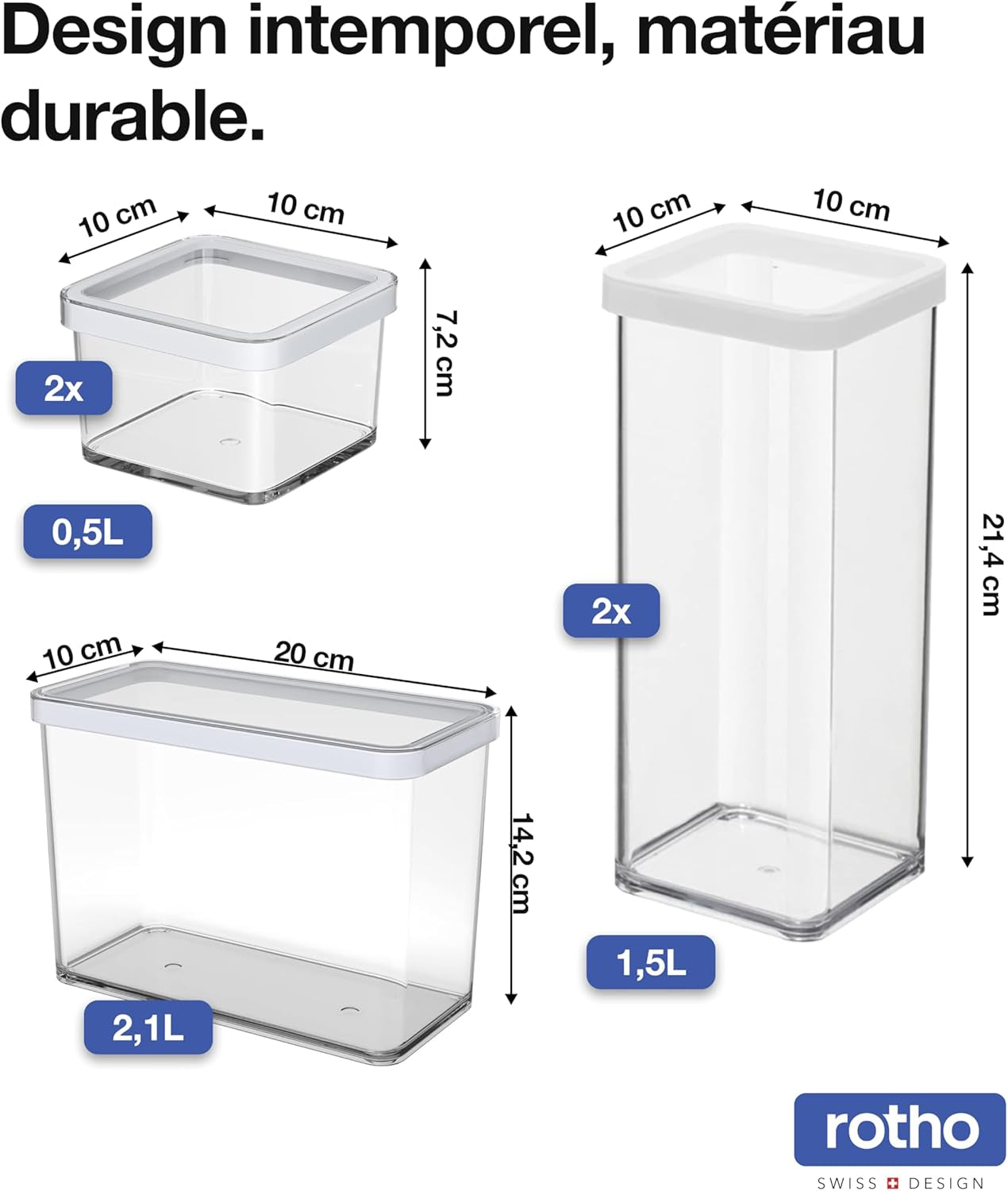 Rotho Loft set de 5 borcane de depozitare cu capac, diferite dimensiuni, plastic alimentar (PP) fără BPA, transparent/roșu, (21,4 x 21,4 x 23,5 cm) Cutii depozitare alimente Naty Shop