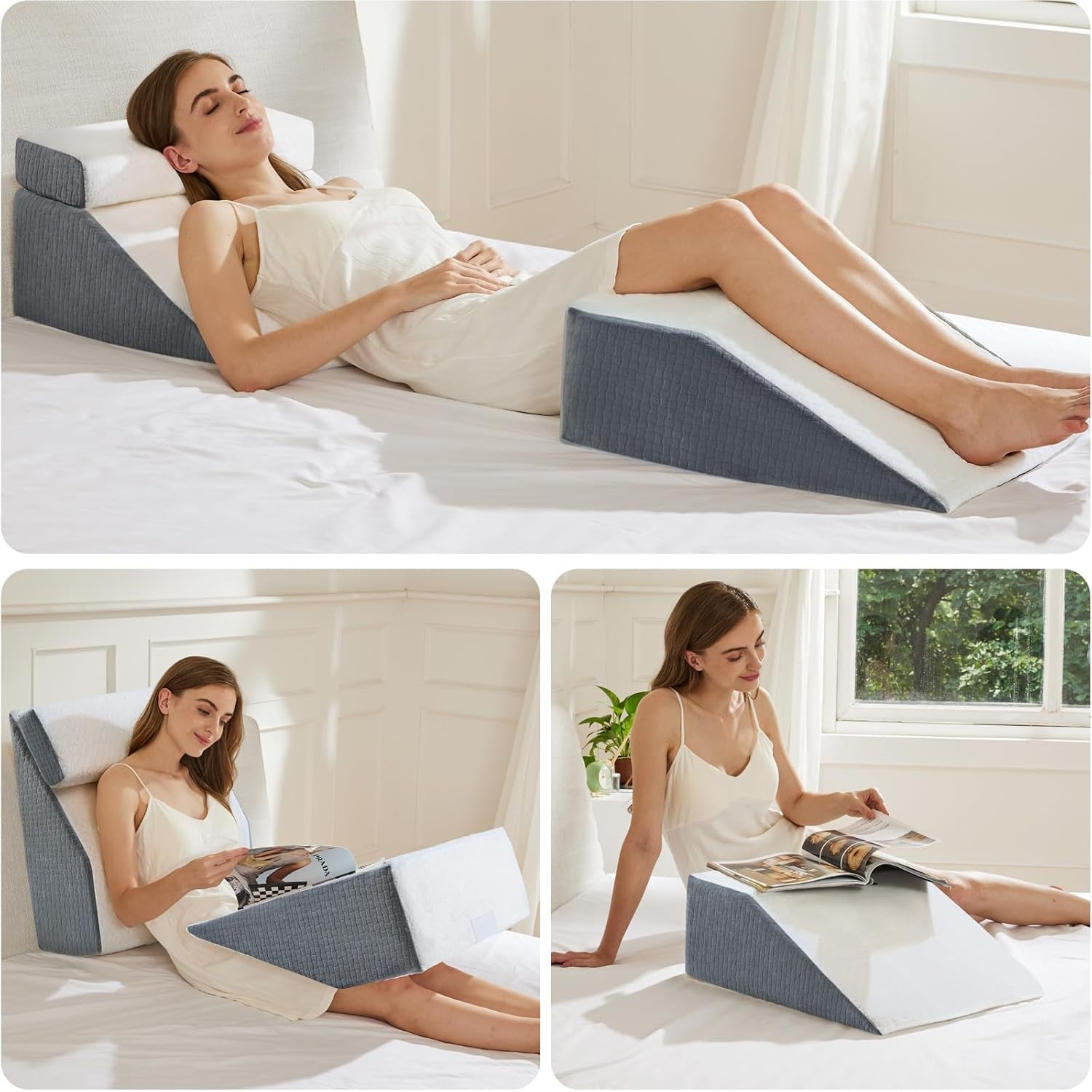 Pernă de citit și pernă cu pană pentru ridicarea picioarelor, pernă din spumă cu memorie pentru gât, spate și picioare, pernă detașabilă multifuncțională pentru pat, canapea, șezut, dormit și odihnă, 58x55x28cm