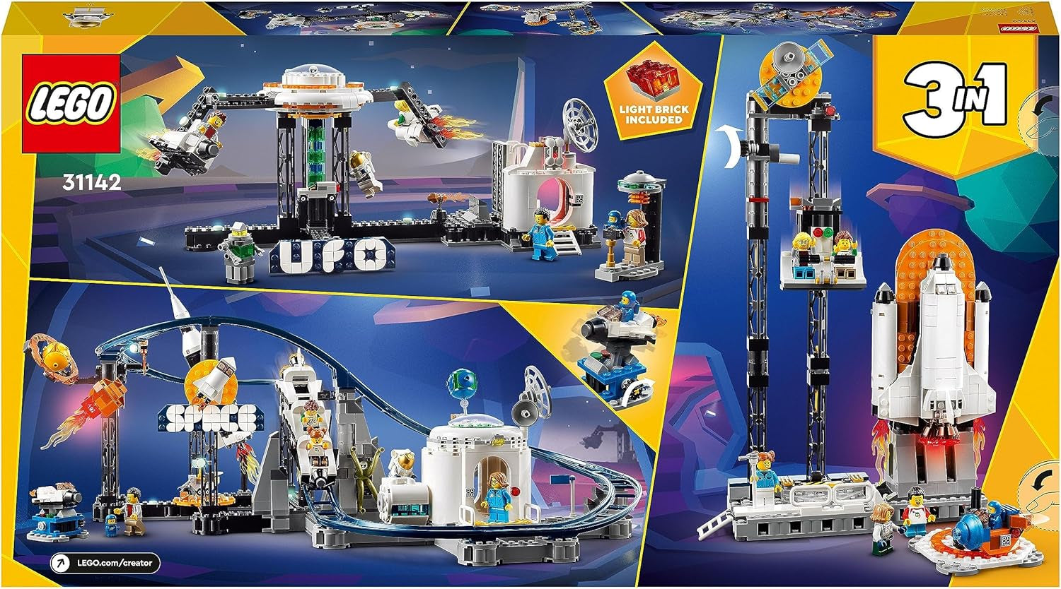 LEGO 31142 Creator 3-i-1 Space Rollercoaster Legetøjssæt til børn med arbejdsvogne, konverteres til et fritfaldstårn eller karrusel med raketter og glødende klodser Byggesæt Besuche den LEGO-Store