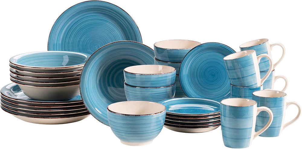 MÄSER 931612 Bel Tempo II 30-Teiliges Vintage Geschirr Set Für 6 Personen, Handbemaltes Keramik Kombiservice in Blau, Steingut, Rauchblau Seturi vesela masa Naty Shop Blau