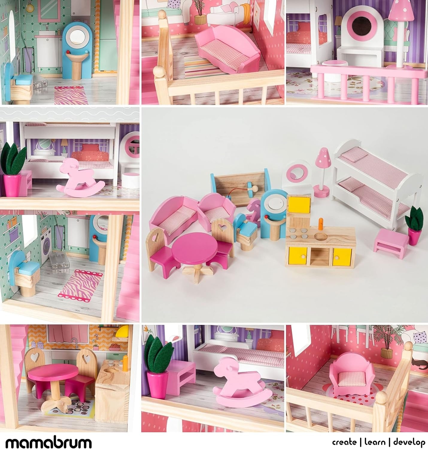 A405 LED-oplyst dukkehus - 3 etager og møbelsæt - Trælegehus inklusive tilbehør: Køkken, badeværelse, soveværelse - Gave til piger fra 3 år og opefter Dukkehuse Naty Shop