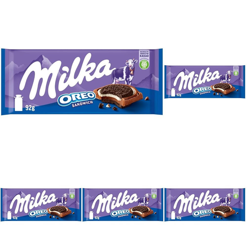 Milka Oreo Sandwich – Alpine mælkechokolade, fyldt med sprøde stykker Oreo cookies og glat vaniljecreme – 92g
