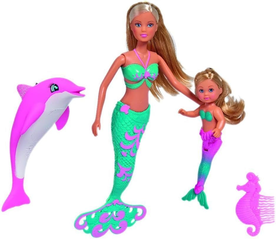 Simba 105733336 - Steffi Love Prietenii Sirenei, păpușă ca o sirenă magică cu sora Evi, figurină delfin și multe altele, jucărie pentru copii cu vârsta de 3 ani și peste