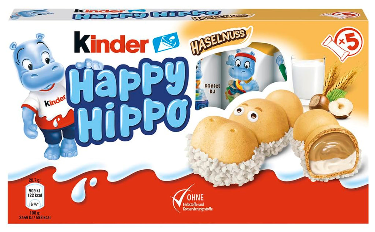 Kinder Happy Hippo Hasselnut - Specialitetssprøde vafler med mælk og hasselnøddecreme - Karneval og fastelavnsslik - 1 pakke indeholdende 5 individuelle stænger á 20,7 g hver