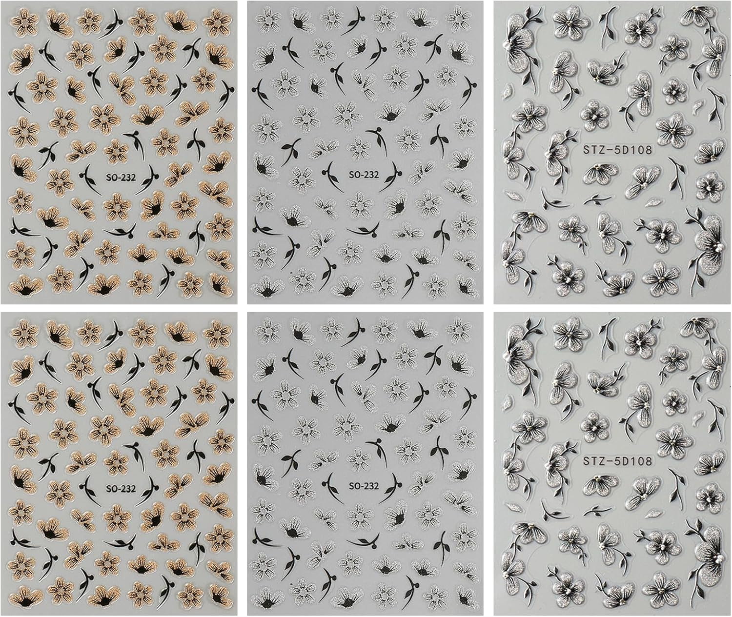 JMEOWIO 6 Blatt 3D Nagelsticker Blumen Nail Art Sticker Selbstklebend Nagelaufkleber 5D Stereoskopisch Frühling Sommer Blumen Dekoration Nageldesign Zubehör