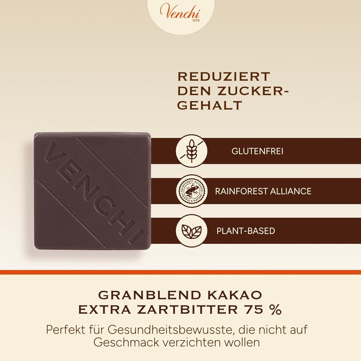 Venchi – Granblend Extra Black 75 % INGEN tilsat sukker, 1 kg – INGEN kunstige sødestoffer – Glutenfri – Vegansk
