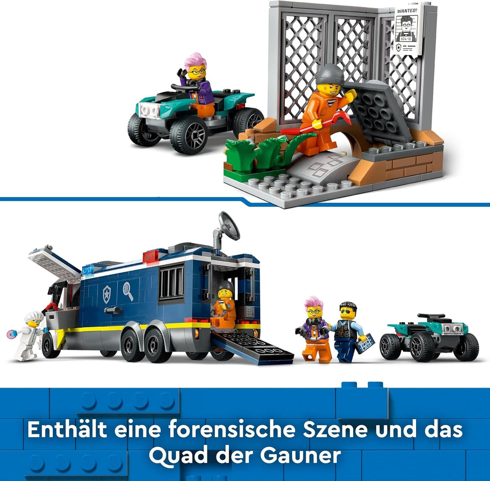 LEGO City politibil med laboratorium, 4 politisæt og legetøjsvogn til børn, gave til drenge og piger fra 7 år og opefter, plus 5 minifigurer - 2 politimænd, 1 videnskabsmand og 2 skurke 60418 byggesæt Beuche den LEGO-Store