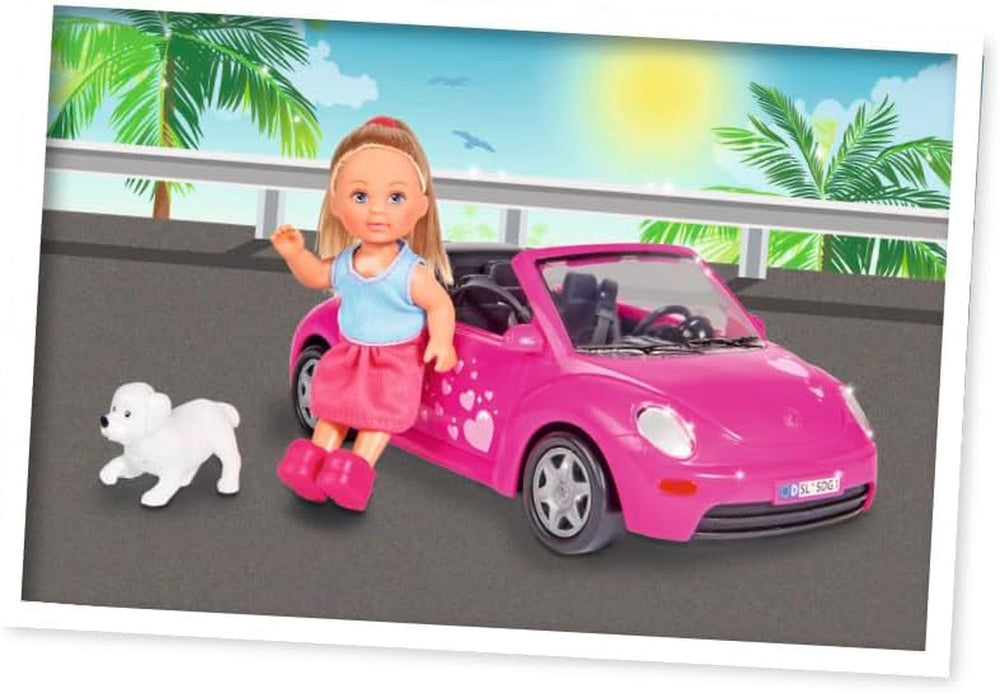 Simba 105731539 - Evi Love Beetle-ul lui Evi, Evi cu mașină, mașină: 22 cm, cu câine, păpușă de modă, 12 cm, pentru copii cu vârsta de la 3 ani în sus