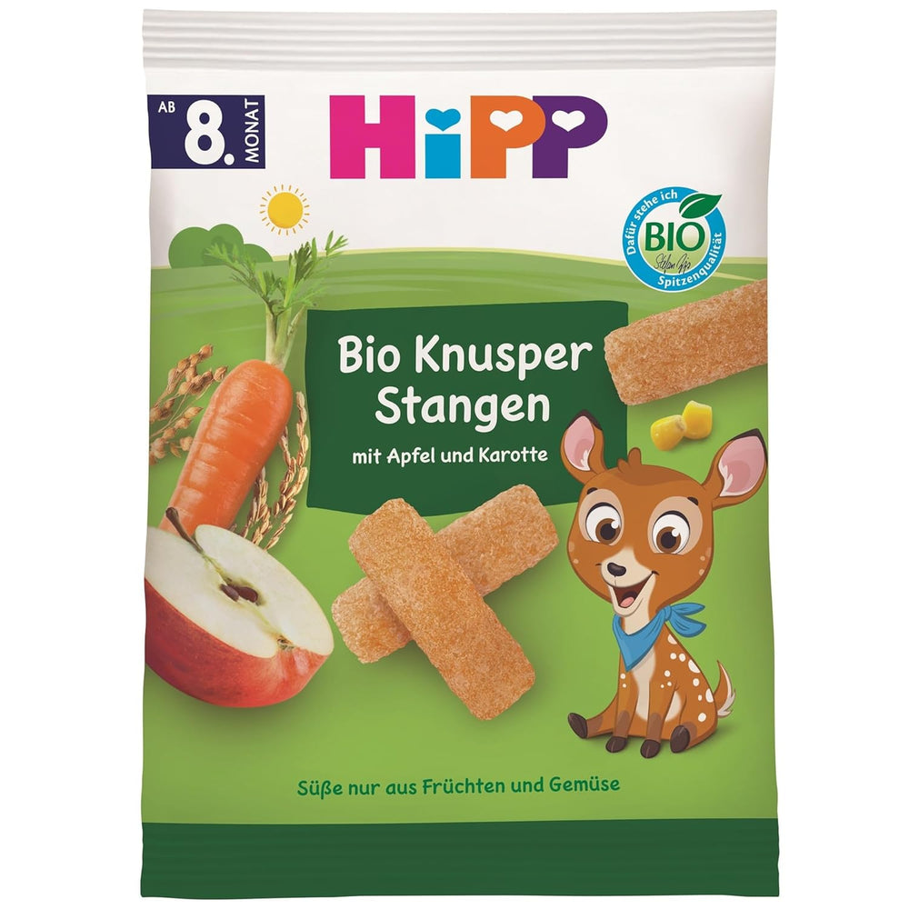 HiPP Bio Knusper Stangen Æble Karotte (7 x 30g), Babysnack ab 8. Monat, Süße nur aus Früchten und Gemüse, glutenfrei, in best Bio-Qualität