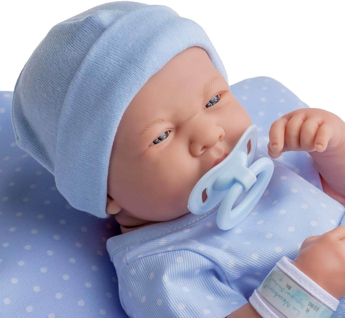 jc toys 102-18540 – Kinderpuppe, Körper aus Gummi, Blaue Kleidung mit Punkten, 36 cm