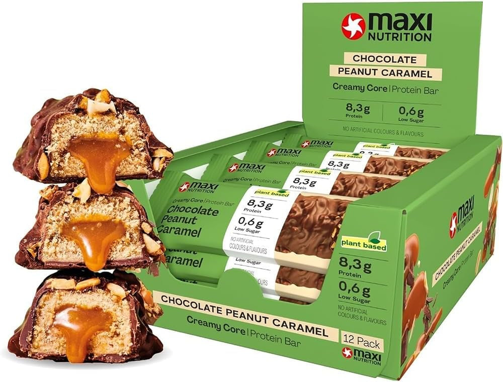 MaxiNutrition Cremet vegansk proteinbar med chokolade, peanuts og karamel 12x45g - vegansk proteinbar, 18% protein, 8,3g pr. bar, lavt sukkerindhold (0,9g), uden tilsat sukker, ingen kunstige smagsstoffer