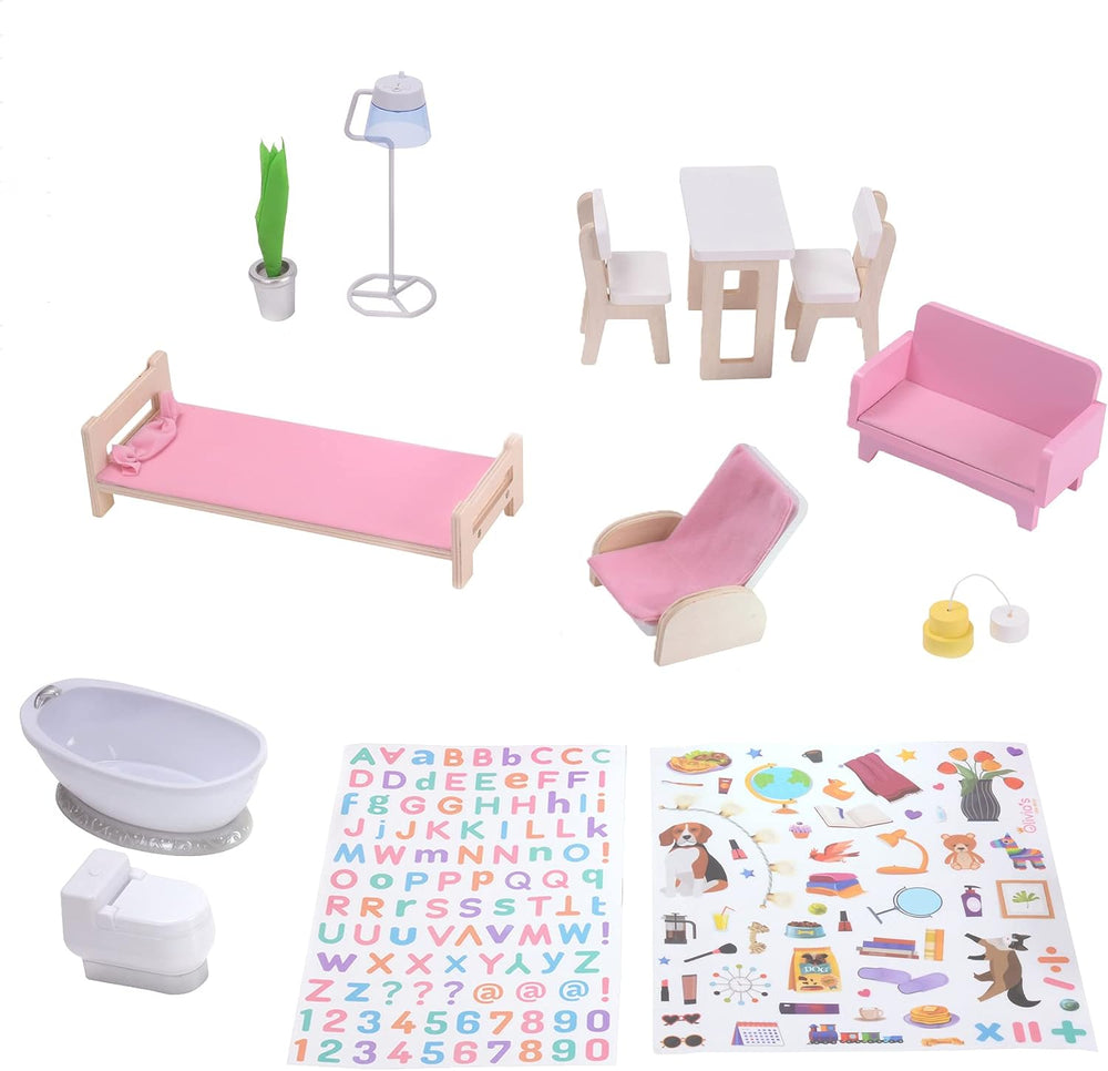 Casă de păpuși interactivă din lemn pentru copii, Olivia's Little World, Dreamland, cu 3 etaje și 13 accesorii pentru mobilier de păpuși, albă, TD-13632A