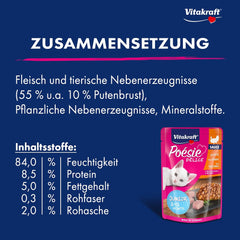 Vitakraft Poésie Délice, Junior, Hrană umedă pentru pisici, Hrană umedă în sos, cu curcan, Pachet multiplu, pentru pisici tinere, Fără zahăr adăugat sau cereale (23 x 85g)