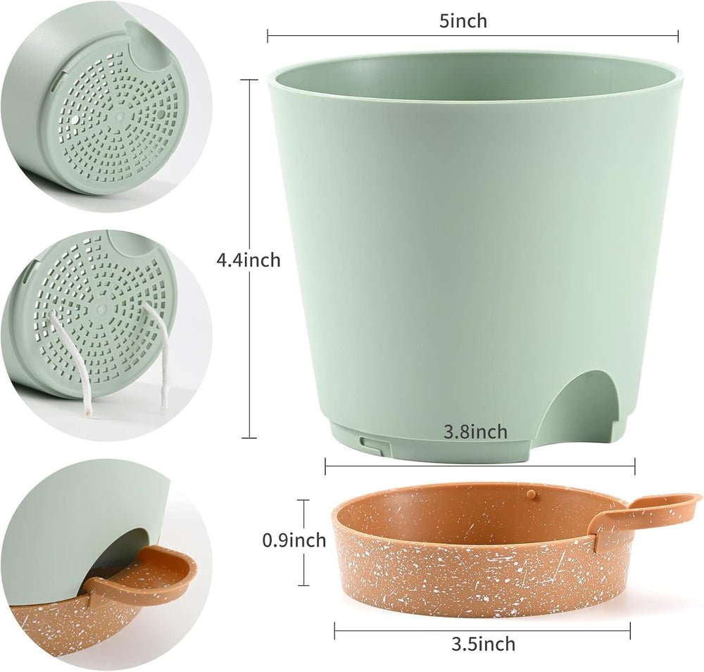 Ghivece de flori, 6 bucăți, 12,7 cm, jardiniere cu auto-udare, drenaj ridicat, ghivece de flori pentru interior și exterior, cu tavă rezervor și margine de udare, jardinieră de grădină, grădină