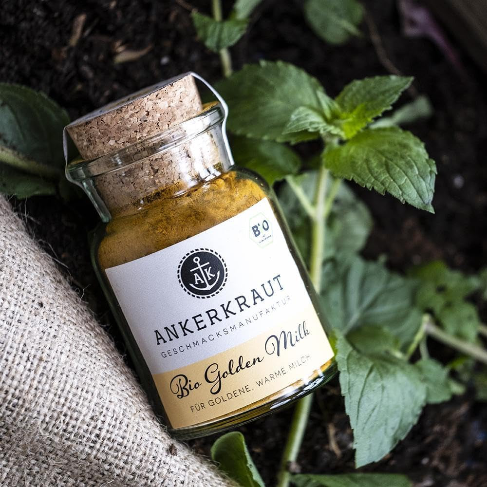 Ankerkraut Bio Golden Milk, Gewürz für goldene Milch, med gurkemeje, Zimt og Ingwer, 75 g i et korkglas