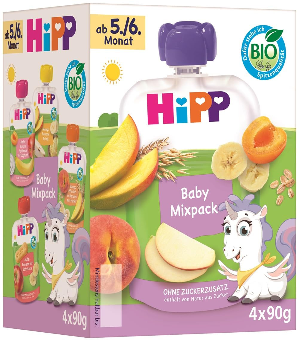 HiPP Organic Squeeze-poser, blandet pakke, 16 stykker (4 pakker á 4 x 90 g hver), til babyer 5/6 måneder, fire lækre smagsvarianter, uden tilsat sukker, bedste økologiske kvalitet