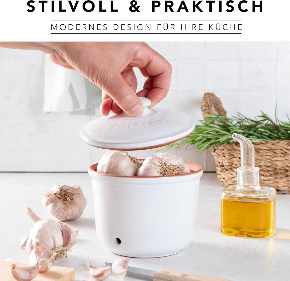Römertopf Fresh Pot MINI 0,6 litri - Oală de usturoi ceramică - Argila respirabilă păstrează legumele proaspete pentru mai mult timp - Circulație ideală a aerului - Alb Cutii depozitare alimente Naty Shop