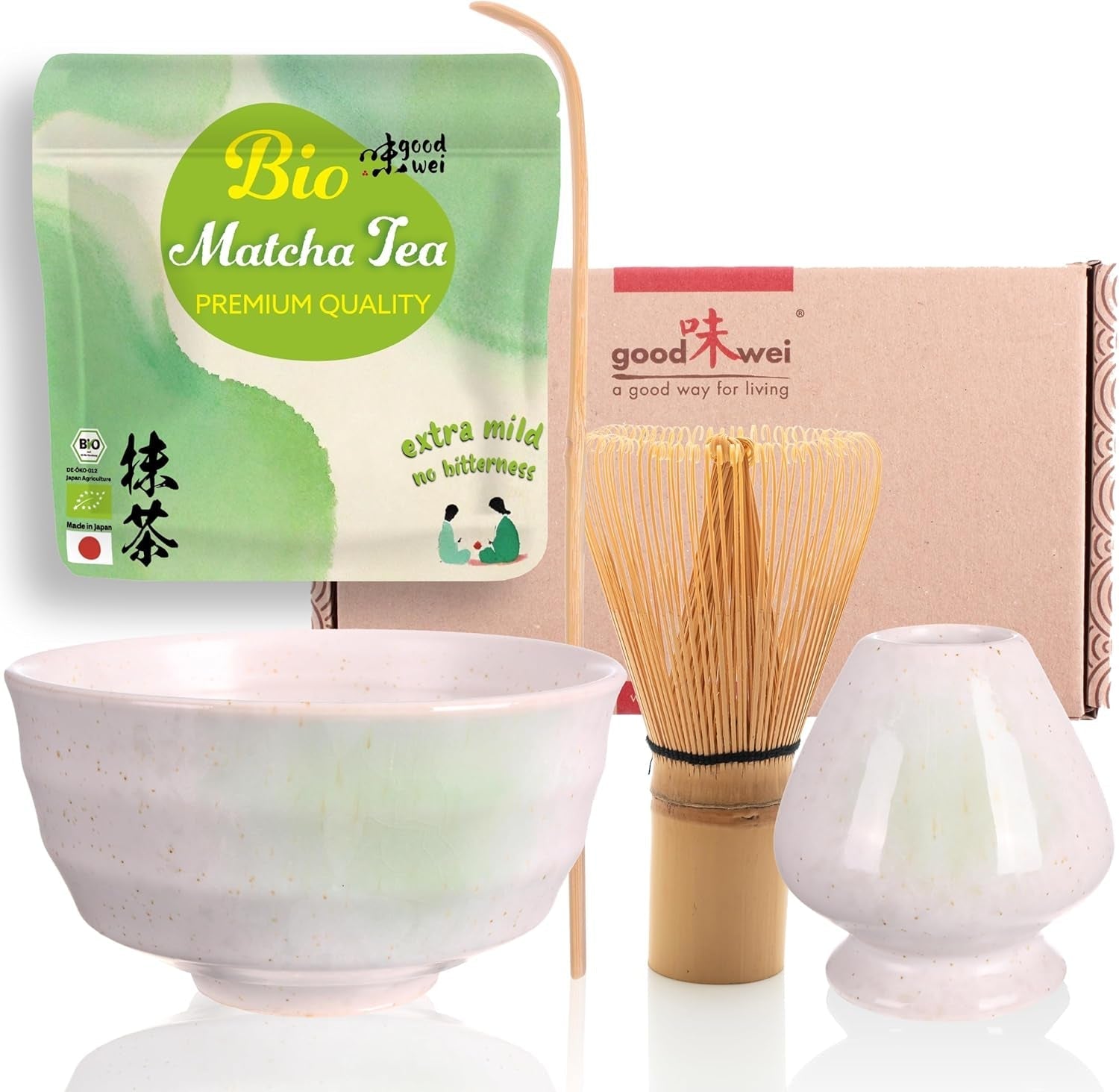 Set Goodwei Matcha cu tel pentru matcha, bol pentru matcha, suport pentru tel din ceramică și ceai matcha organic din Japonia | Set cadou (Kumo)