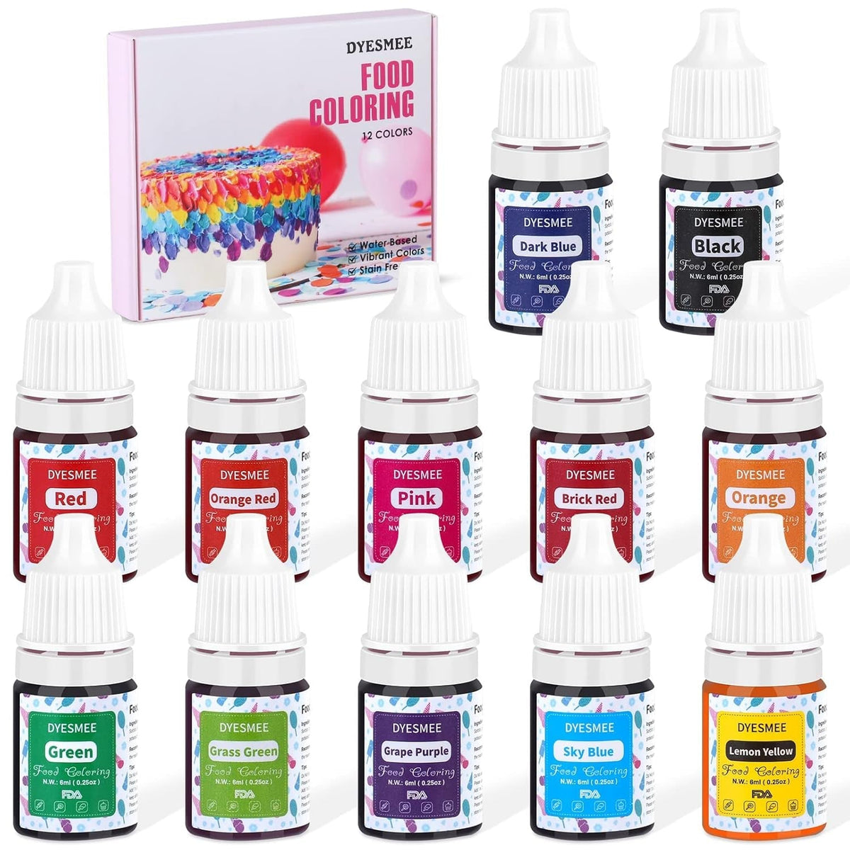Colorant alimentar lichid – 12 culori colorant alimentar foarte concentrat pentru copt, băuturi, macaroane, fondant, decorare tort, set de coloranți alimentari pentru săpunuri DIY, slime, meșteșuguri (6 ml fiecare)