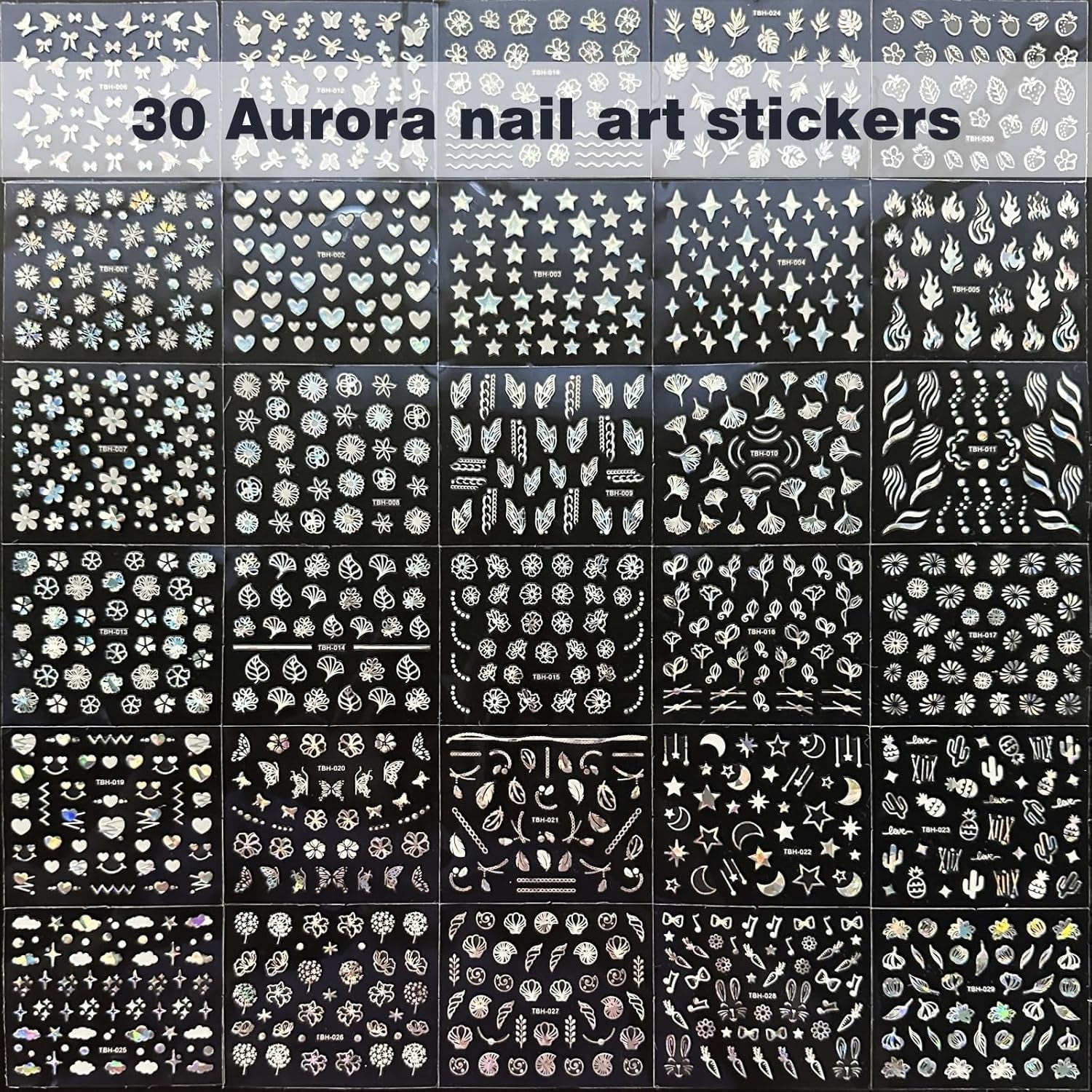 30 Blatt Aurora-Nagelkunst-Aufkleber, Selbstklebende 3D-Blumen-Nagelaufkleber, Aurora-Mond-Stern-Nagelaufkleber Für Nagelkunst, Blatt-Herz-Nageldesign Für Diy-Acrylnägel-Dekoration