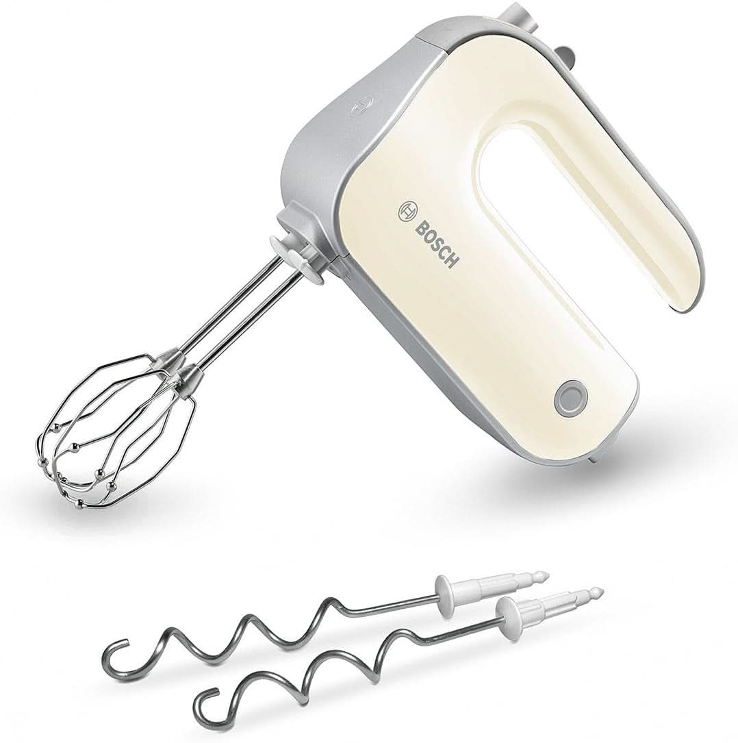 Bosch Handrührer Styline MFQ4835DE, 2X2 Rührbesen, 2 Edelstahl-Nethaken, Spülmaschinengeeignet, 575 W, Weiß Kitchen Naty Shop Glat Vanilje / Silber