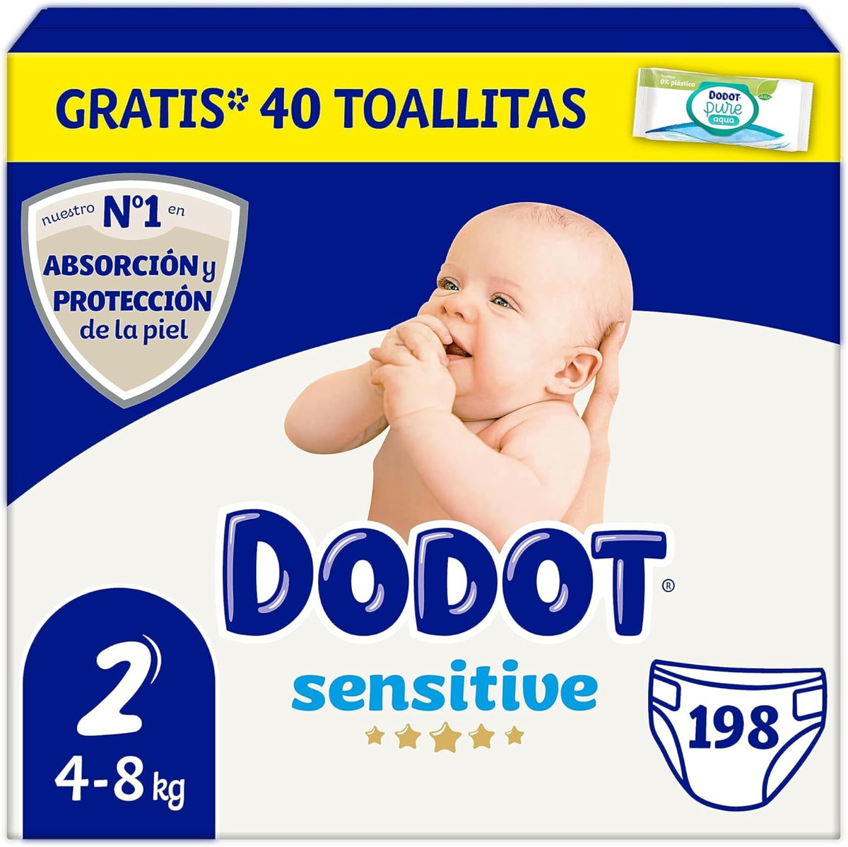 Sensitive babybleer størrelse 2 (4-8 kg), 198 bleer + 1 pakke med 40 gratis renseservietter, total vandpleje, sugeevne og hudbeskyttelse, månedlig pakke