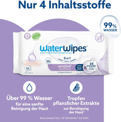 WaterWipes Sensitive+ Soothing Clean Wet Wipes, 720 Count (12 Pack), 3-i-1 rensning, pleje og beroligende, 99 % vand med planteekstrakt, parfumefri babyvådservietter