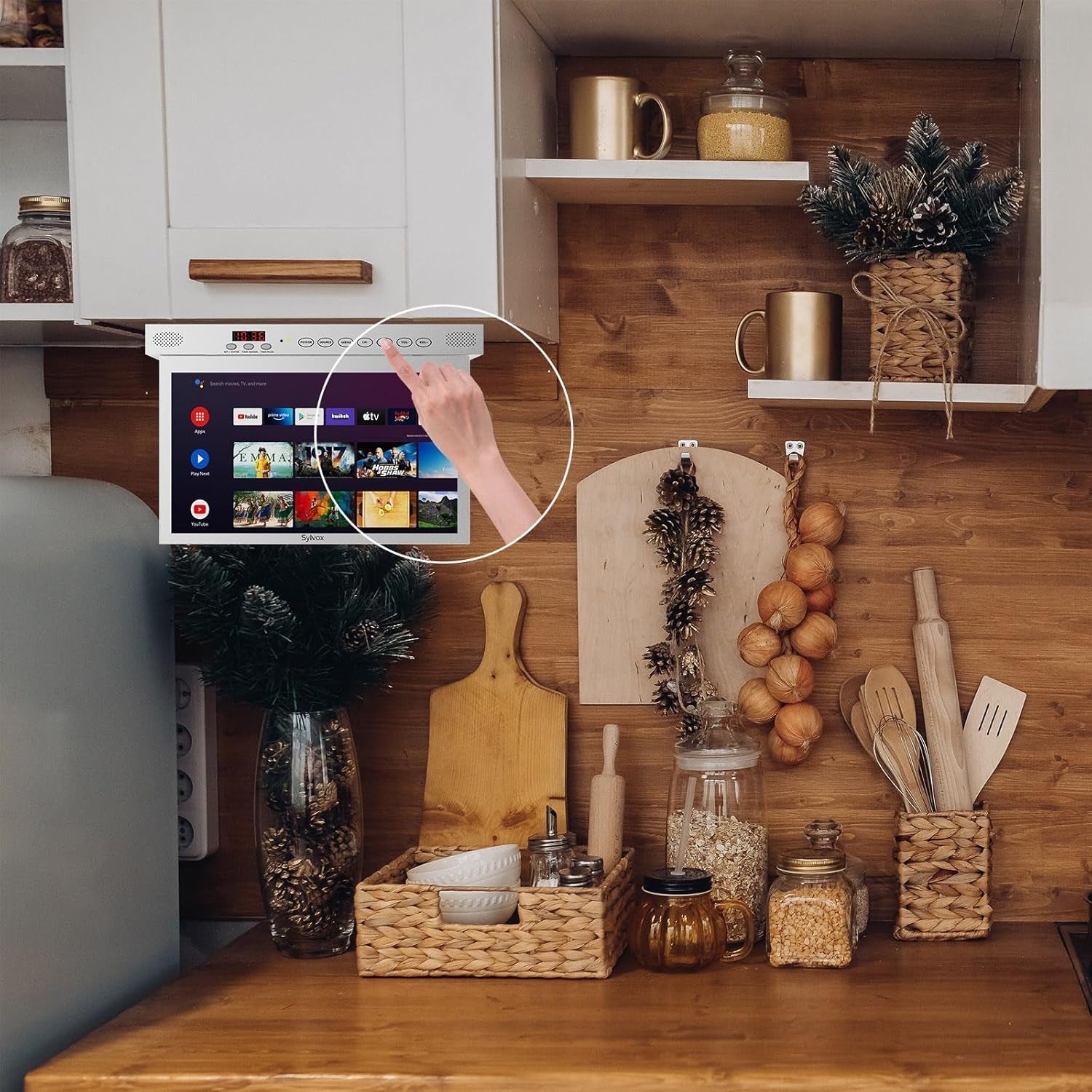 SYLVOX Televizor de bucătărie de 15,6 inci, televizor pliabil pentru bucătărie cu pivotare, suport Google TV WiFi Bluetooth, Smart TV 1080P pentru bucătărie, dormitor, autorulotă, iaht (argintiu)