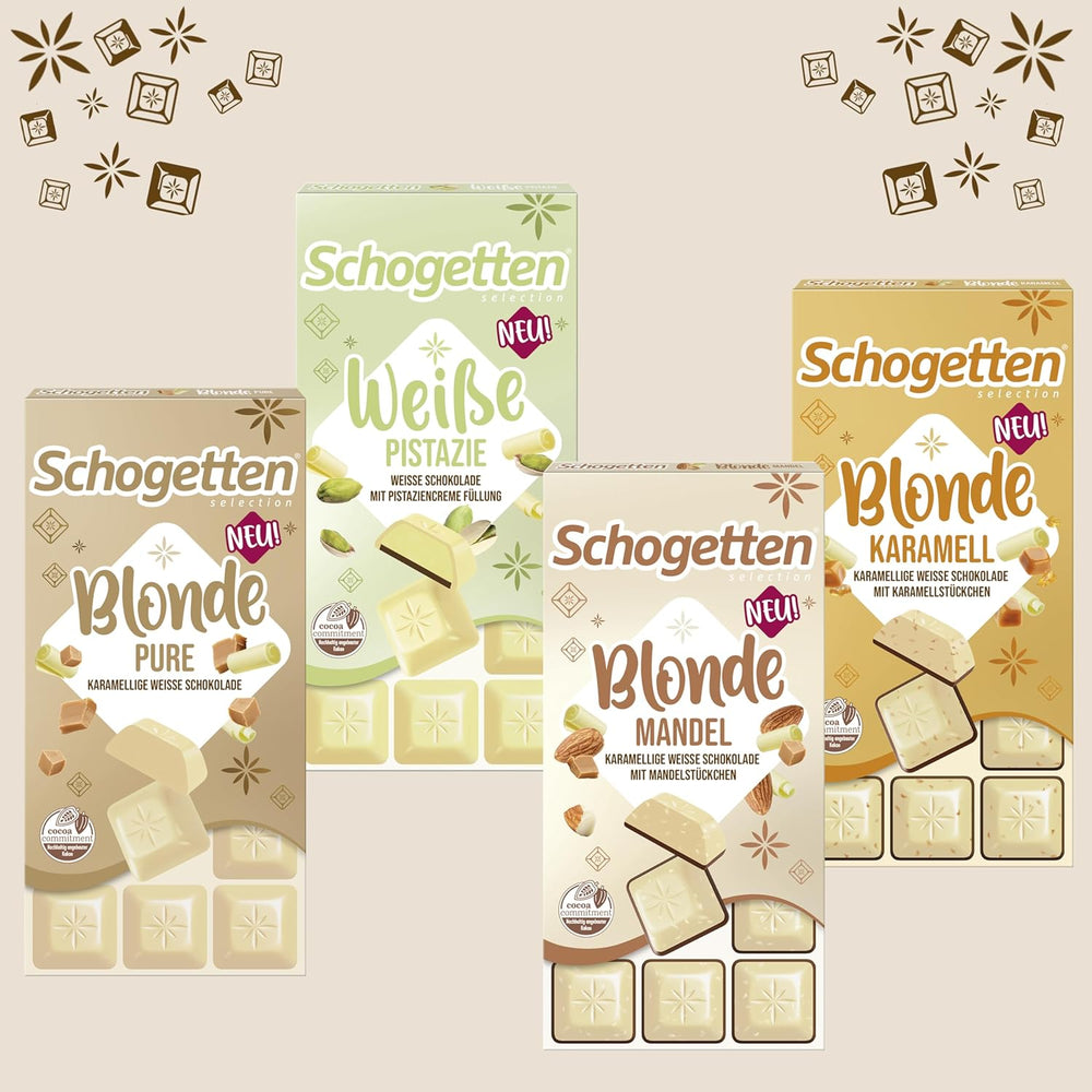 Schogetten Blonde Mandel | Hvid chokolade med karamel og mandelstykker | 100 g | Bekvemt portioneret (pakke med 2)