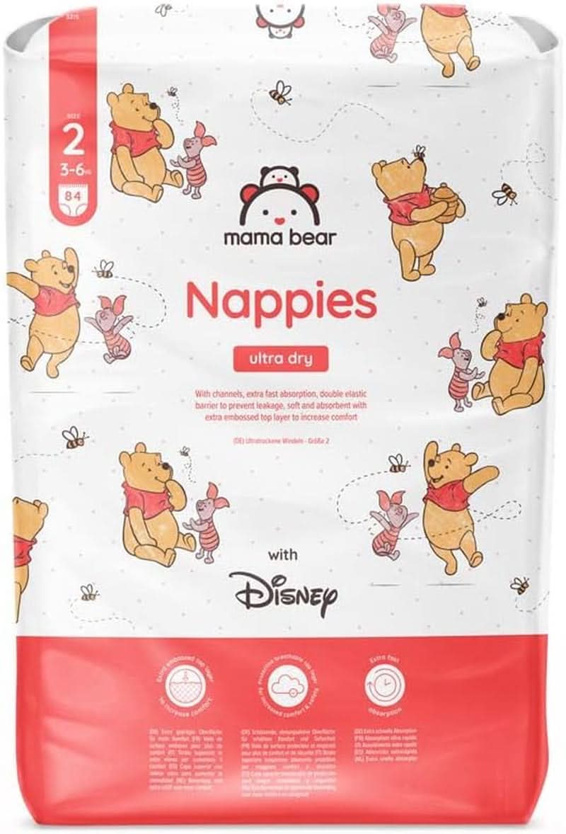 Mama Bear Disney Ultra Dry bleer størrelse 4 (8-14 kg), hvid, 84 stykker (1 pakke) Naty Shop størrelse 2 (3-6 kg) Enkelt pakke