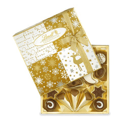 Lindt Chokolade | Æske med guldstykker praliner | 180g | 18 praliner i 10 sortimenter som fint sortiment af praliner, nogle med alkohol | Premium gaveæske med julepraliner