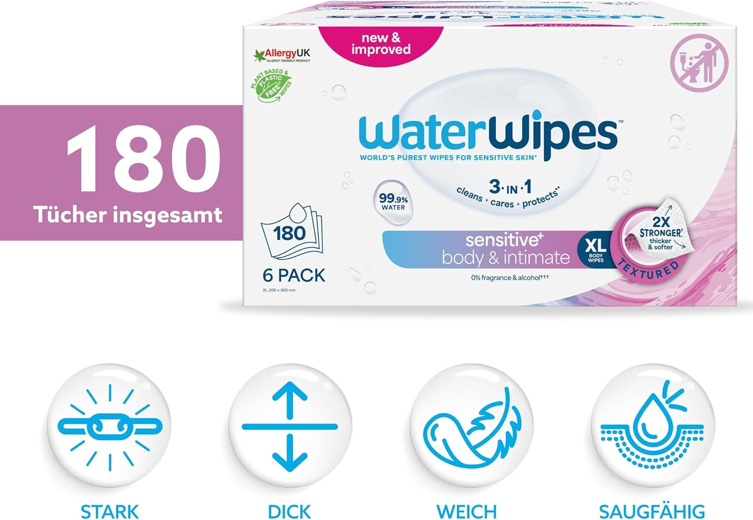 Waterwipes Adult Care Body & Intimate Hygiene Wipes, 180 șervețele (6 pachete), 99,9% apă, 3-In-1 Curăță, Hrănește, Protejează, Neparfumate, Ambalajul poate varia