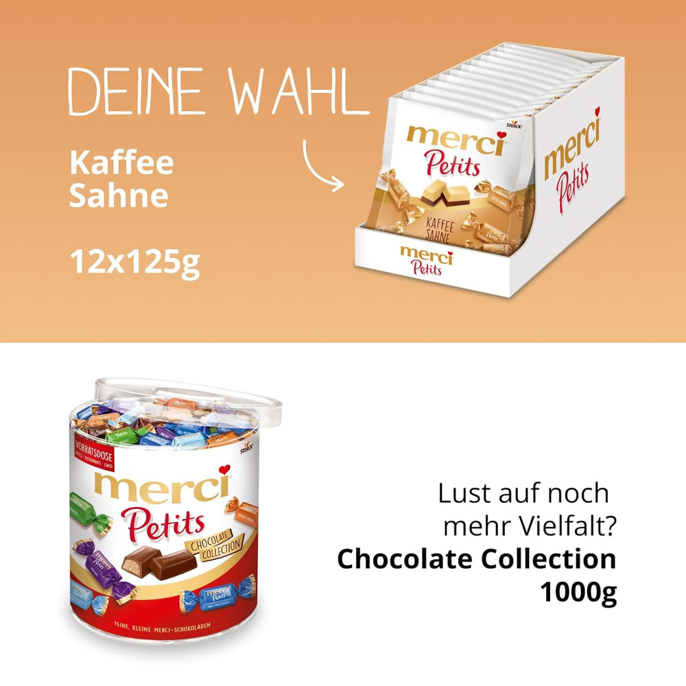 Merci Petits kaffecreme - 12 x 125 g - Små hvide chokoladepraliner på fin chokolade med kaffecreme - individuelt indpakkede chokoladepraliner