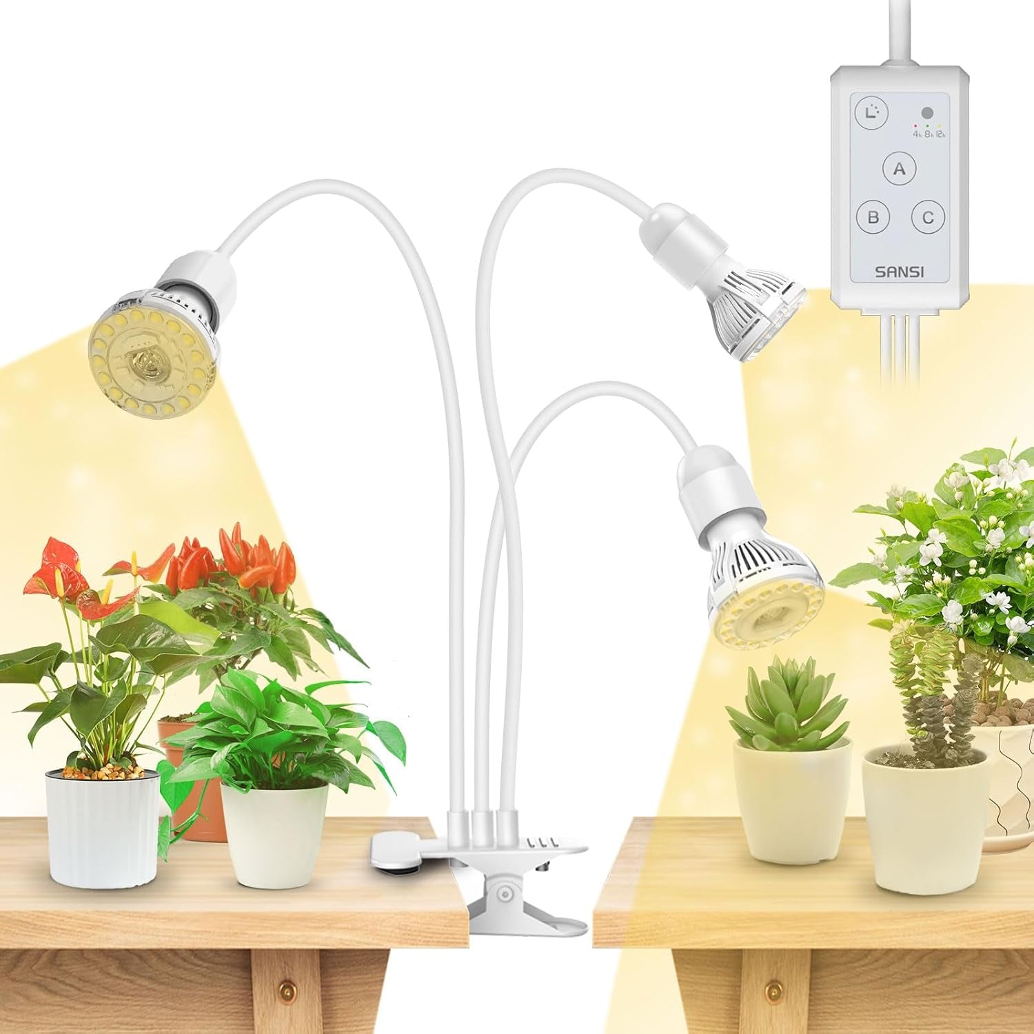 SANSI LED indendørs plantevækstlys 2 hoveder fuldt spektrum 10W (ækvivalent 150W) 4/8/12 timers timer indendørs plante væksthus hydroponisk hængelys