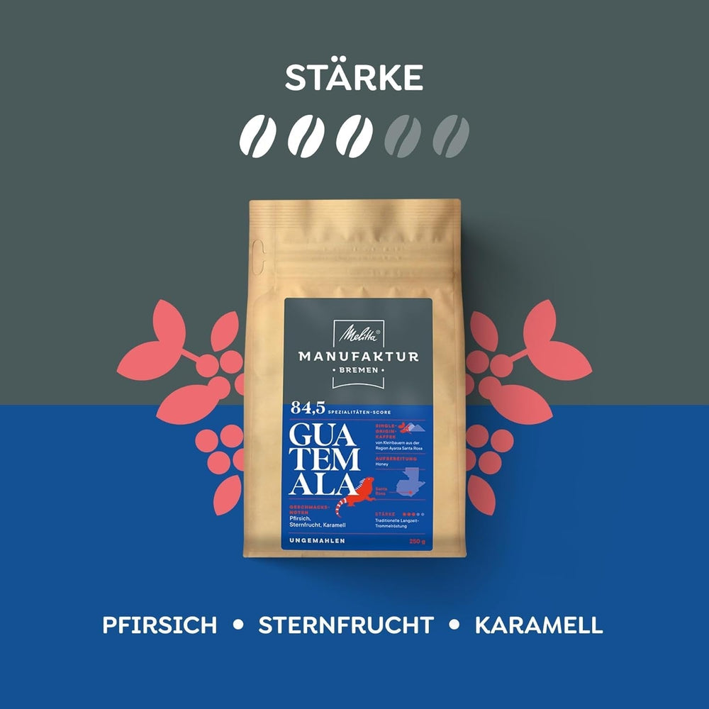 Melitta Manufaktur-Kaffee Guatemala honning, specialkaffe, 250 g, hele kaffebønner, umalet, enkelt oprindelseskaffe, delikat tromleristet, ristet i Tyskland, Strength 3 Coffee Naty Shop