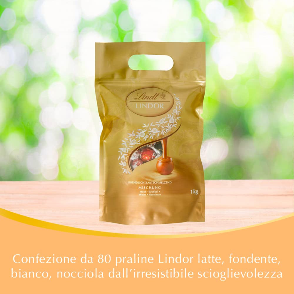 Chokoladeblanding LINDOR | 1371 g | Ca. 109 kugler: Klassisk blanding til mælkechokoladekugler og LINDOR | Ca. 80 chokoladekugler (mælk, hvid, mørk 60%, hasselnød) | Bulkpakke, 1 kg