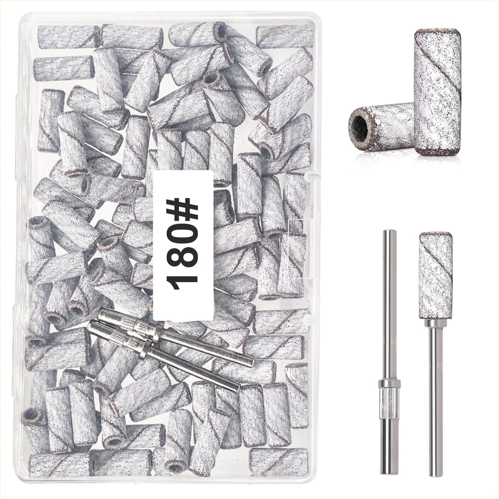 BLESWIN 100 bucăți benzi de șlefuit mici pentru burghie de unghii, granulație fină 240 cu 2 bucăți burghiu de 3 mm, mini benzi de șlefuit pentru lustruirea unghiilor naturale și curățarea cuticulelor pentru pregătire, roz